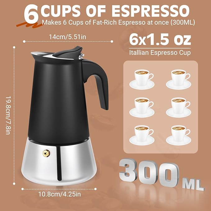 Moka Pot, 6 Cups (10.6 oz) Stovetop Espresso Maker, 304 Stainless Steel Moka Pot, Induction Compatible, Black