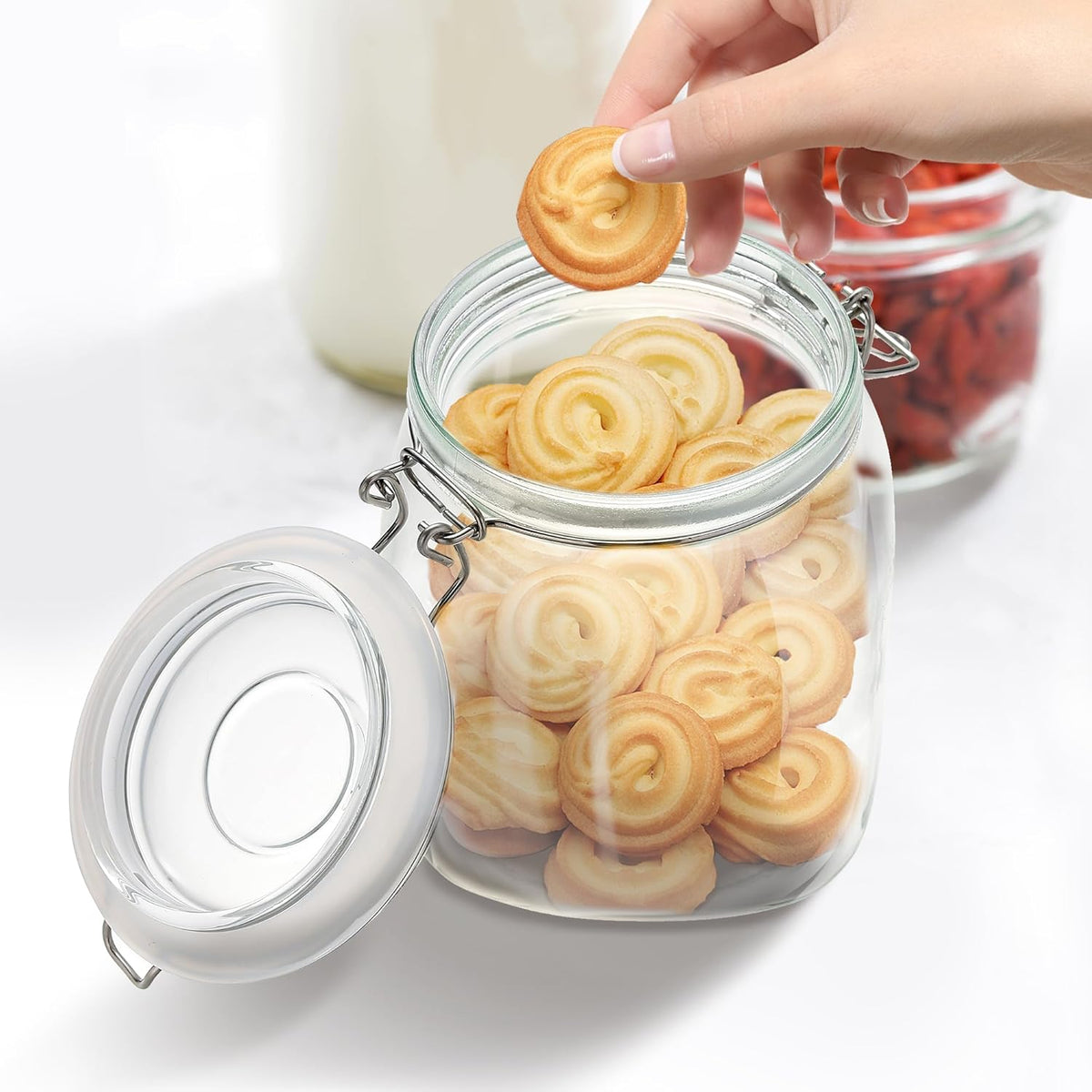 Glass Food Storage Jars with Airtight Lids 25 oz Square 4 Pack Kitchen Storage Containers Cabinet Canisters Sealed Pot Canning for Pasta, Cereal, Coffee, Beans, Spice