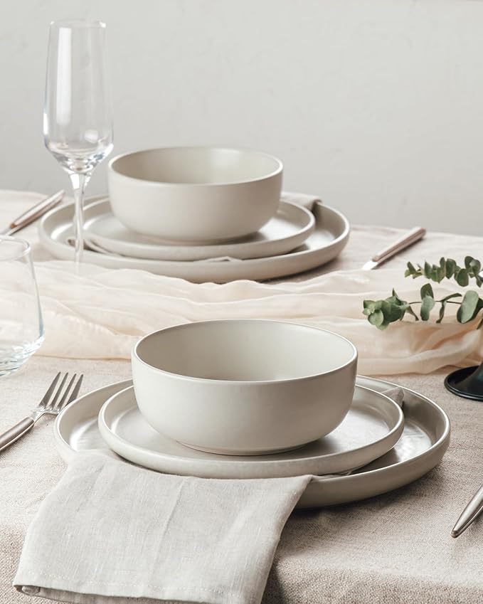 Famiware Milkyway Plates and Bowls Sets, 24 Pieces Dinnerware Sets, Reactive Glaze Dish Set, Stoneware Dishes Set for 8, Matte Beige White