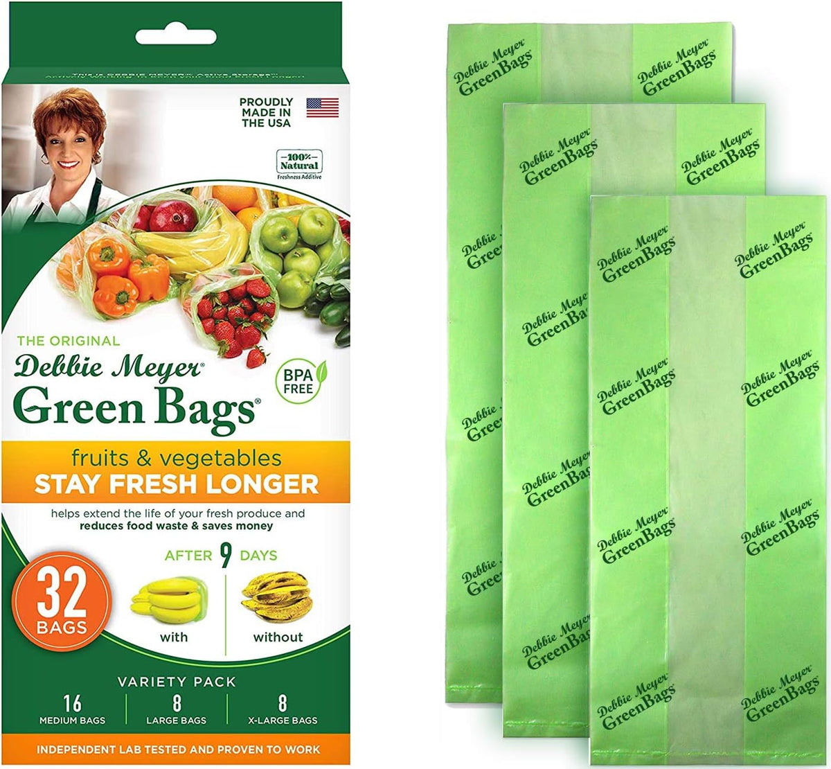 Debbie Meyer, GreenBags 32-Pack (16M, 8L, 8XL) | Reusable Storage Bags Keeps Fruit, Vegetables, Produce, Cut Flowers Fresh Longer, Kitchen & Fridge Preservation Solution, BPA Free, Made in the USA