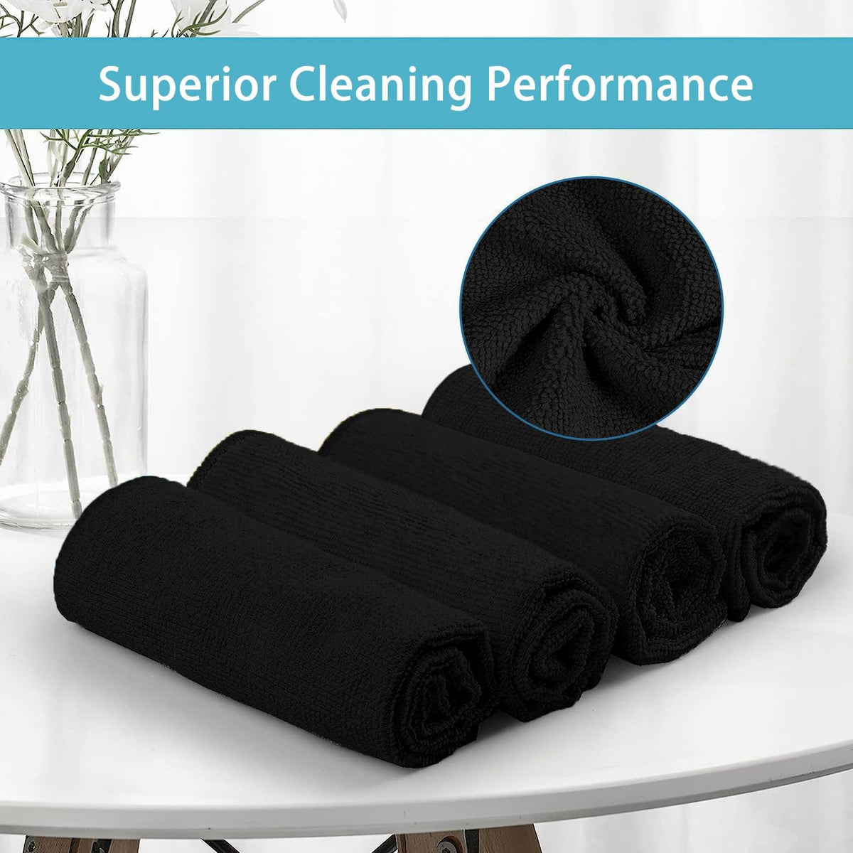HOMEXCEL Black Microfiber Cleaning Cloth, 8 Pack Cleaning Towels for Kitchen, Lint Free, Scratch-Free, Highly Absorbent, and Reusable Cleaning Rags for House, Window and Glass, Cars, 11.5 X11.5 inch