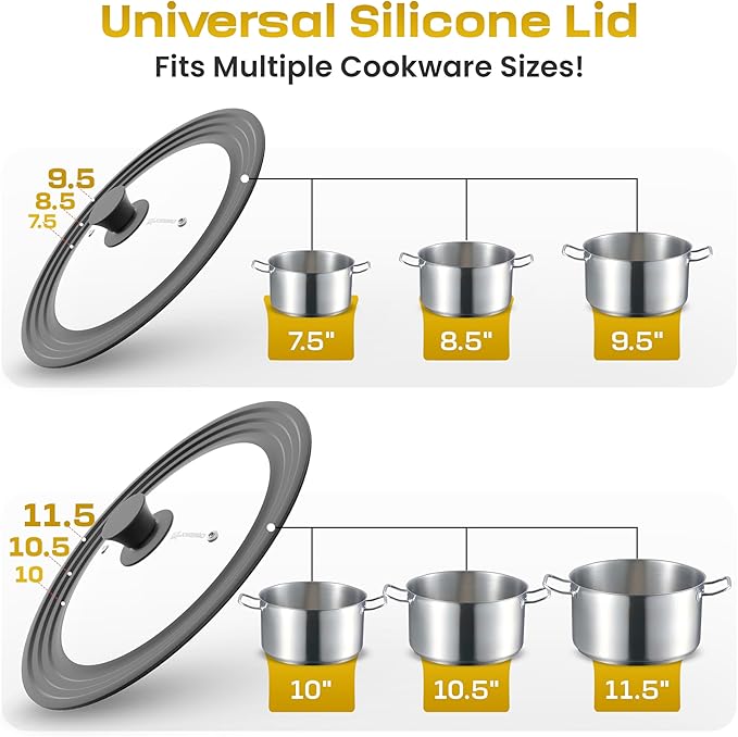 LSR Loreso Universal Pan Lid for Pots Pans and Skillets 7.5-11.5 Inch - Tempered Glass Pot Lid Set with Auto-Sizing Silicone Rim, 2 Pack Grey