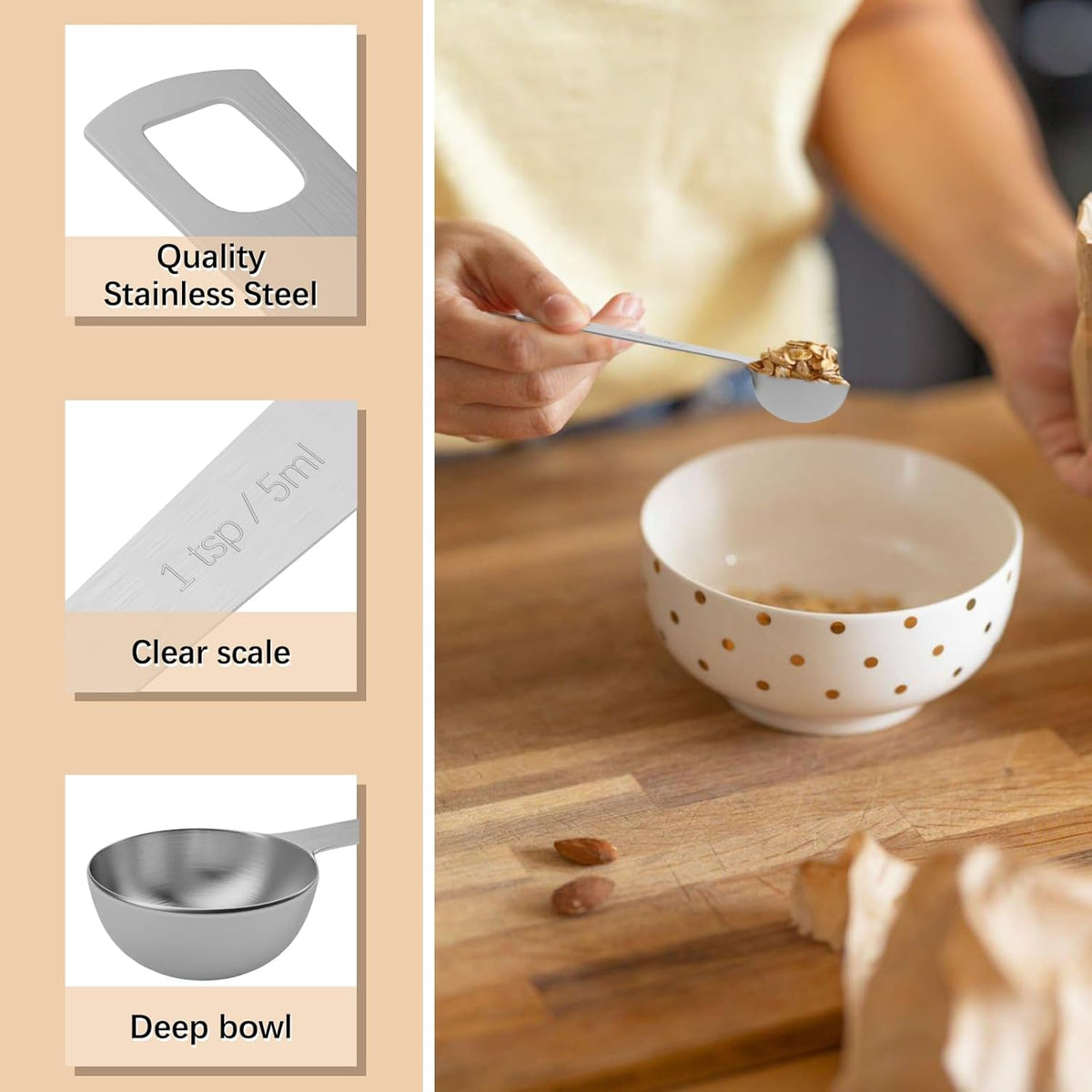 2PCS 1tsp (1/3tbsp, 5ml) Single Measuring Spoon, Stainless Steel Individual Teaspoons Only