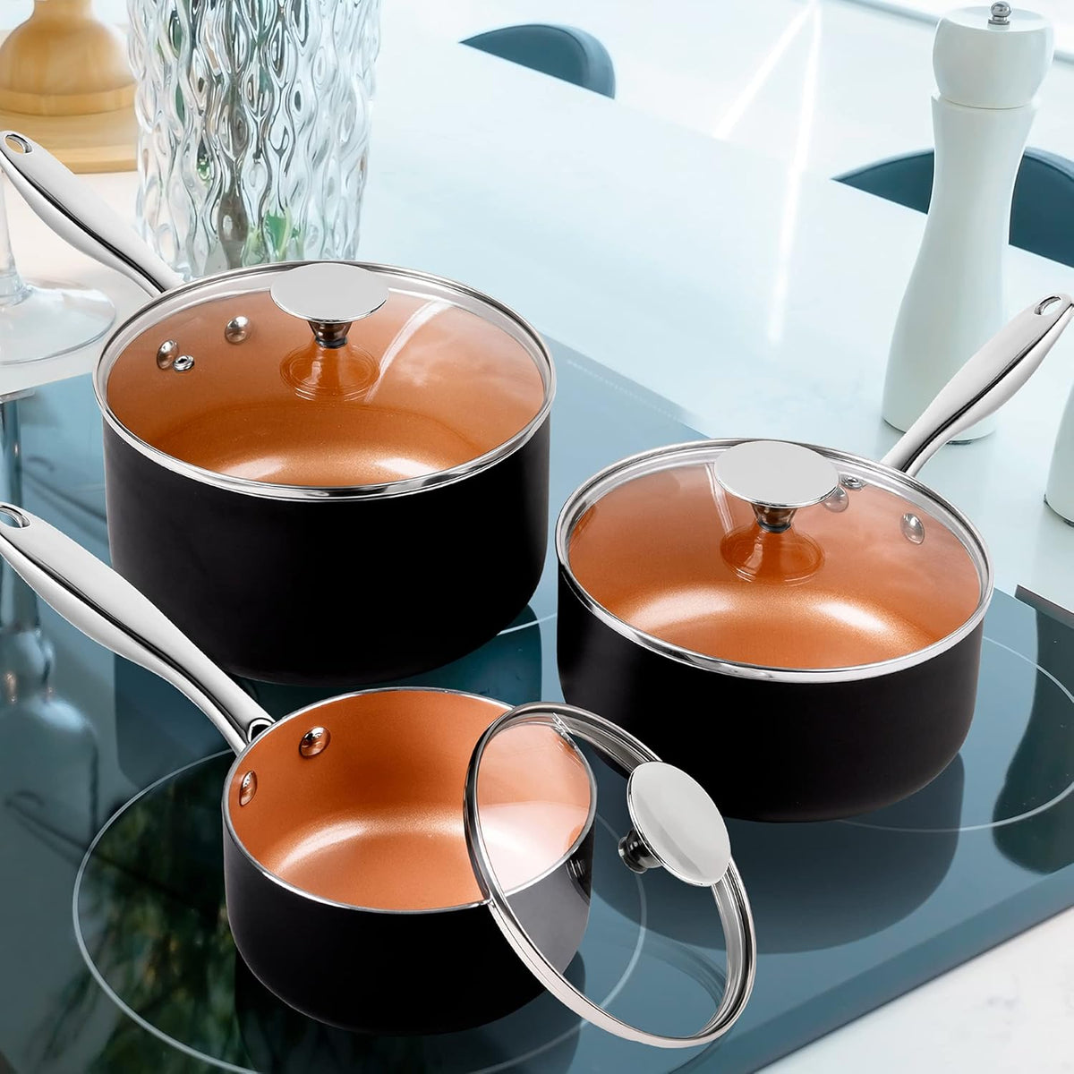 MICHELANGELO Sauce Pan with Lid, 1Qt & 2Qt & 3Qt Sauce Pan Set, Ceramic Saucepans with Lids, Copper Small Pots, Nonstick Saucepan Set, Oven Safe