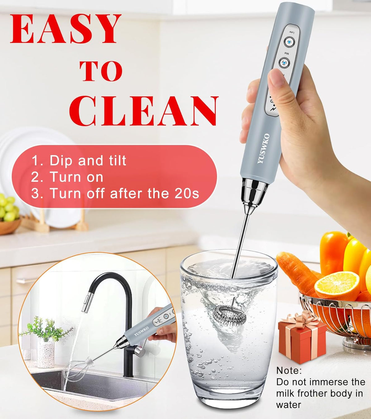 YUSWKO Rechargeable Milk Frother for Coffee, Handheld Drink Mixer with 3 Heads 3 Speeds, Ideal Electric Stirrers for Travel