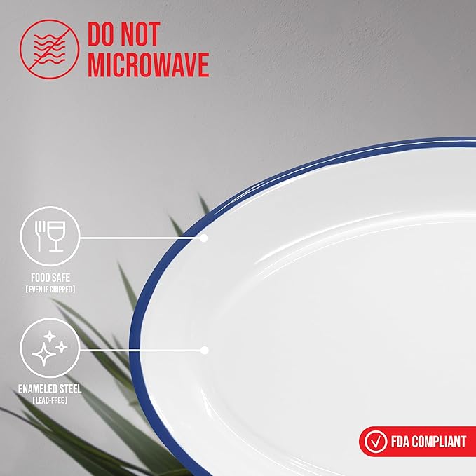 Red Co. Set of 4 Enamelware Metal Classic 13" Serving Oval Tray Platter, Solid White/Navy Blue Rim