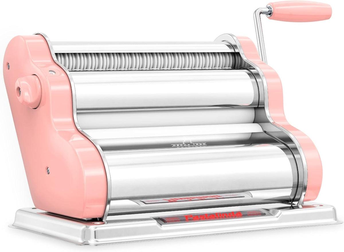 PASTALINDA Classic 260 Pasta Maker Machine, 26 cm Wide Rollers, 9 Thickness Positions, 2 Cutting Positions, Stainless Steel. Includes Reinforced Hand Crank And Two Clamps (Pink)