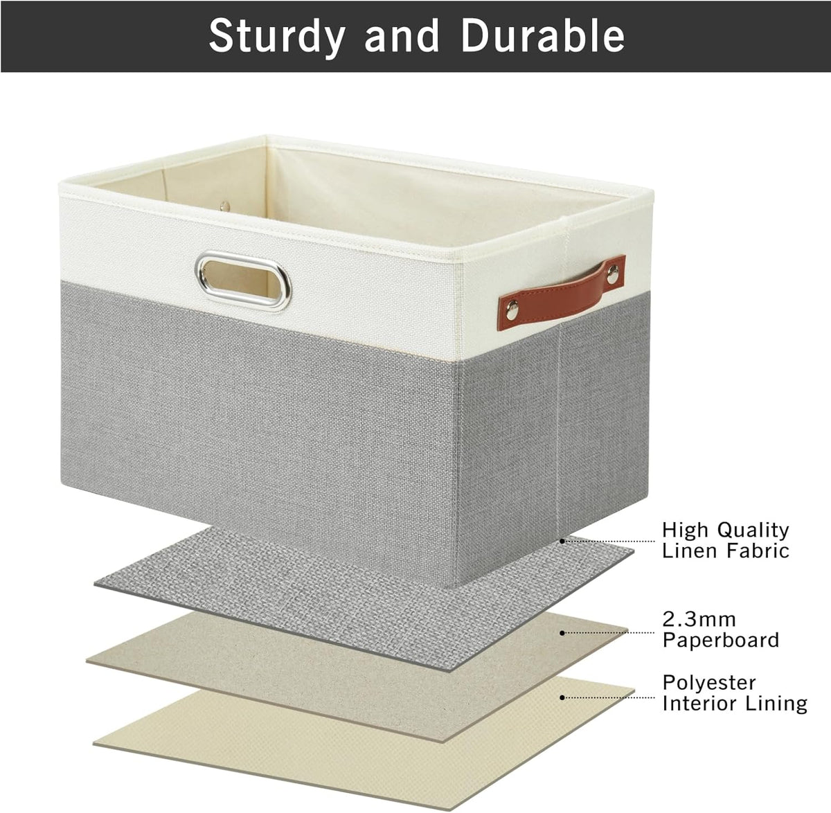 Large Collapsible Fabric Storage Bins with 3 Handles, Foldable Organizer Baskets for Closet, Shelves, Living Room | 3 Pack, Durable PU & Metal Handles (14.9"x9.8"x9.8", Gray & White)