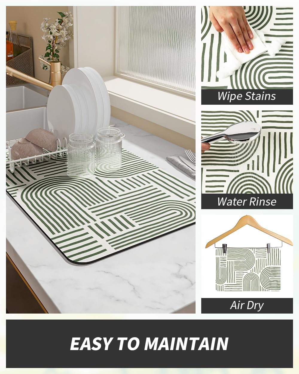 AMOAMI Coffee Mat Hide Stain Rubber Backed Absorbent Dish Drying Mat for Kitchen Counter - Fits Under Coffee Maker or Machine - Green Line 16x24