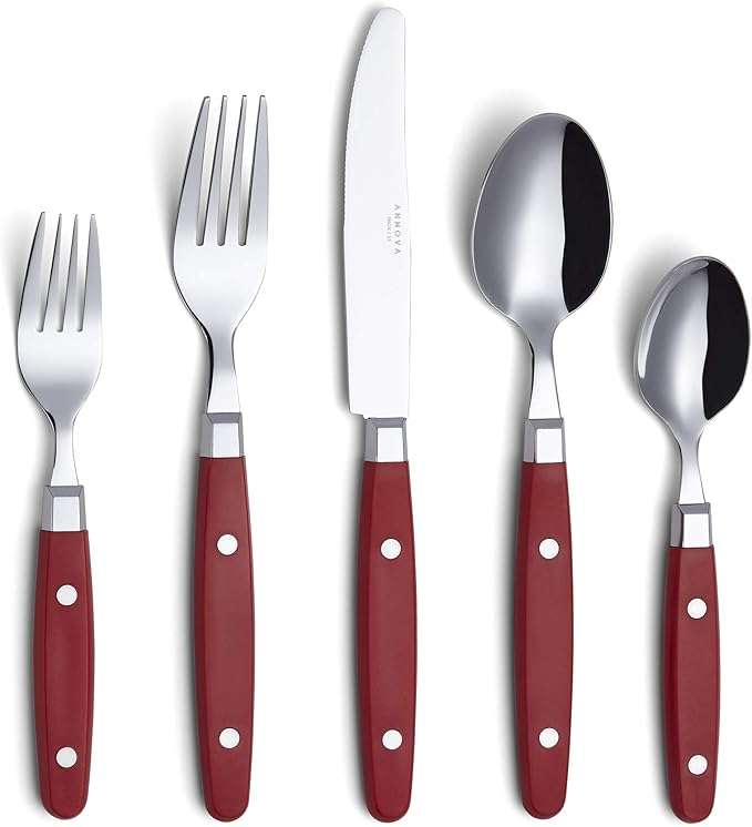 ANNOVA Silverware Set, Retro/Rivet Colorful Stainless Steel Tableware Kitchen Flatware Set Utensils, Includes Dinner Knives, Forks, Spoons, Salad Forks & Dessert Spoons (Red, 20 Pieces)