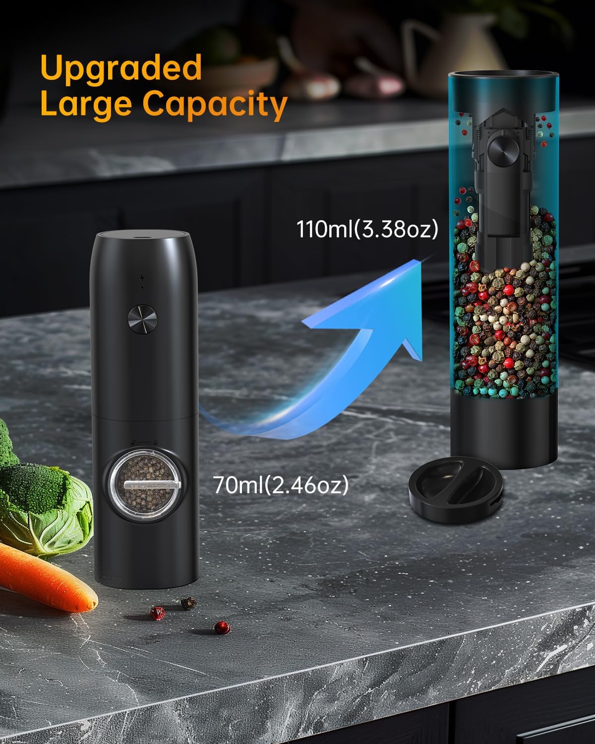 CIRCLE JOY Electric Salt and Pepper Grinder Set Top-Refill Automatic Salt and Pepper Mill Grinder, Battery Operated Adjustable Coarseness, Easy Filling Upgraded Larger Capacity with Led Light