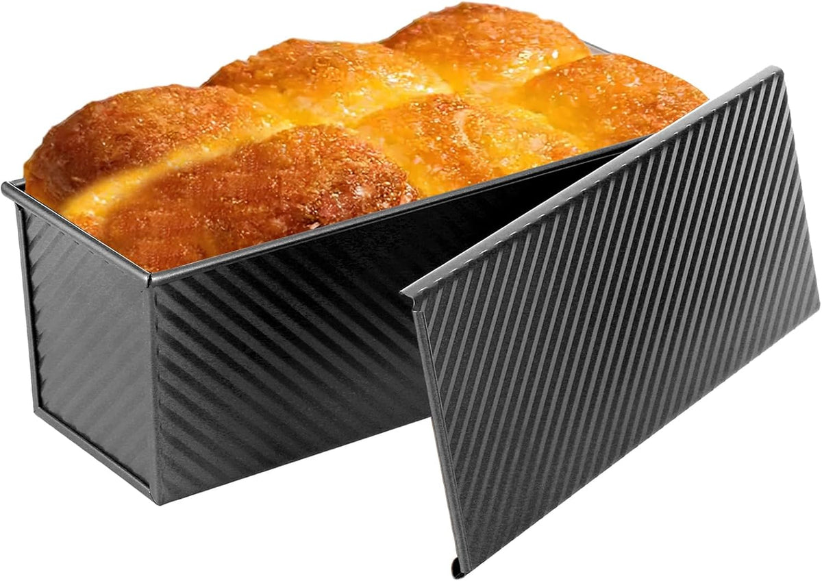 Non-Stick Pullman Loaf Pan with Lid 13x4 Inch - 2.2lb Carbon Steel Bread Baking Pan with 4 Vent Holes, Heavy Duty Sourdough Loaf Pan with Cover for Homemade Sandwich Bread (Black)