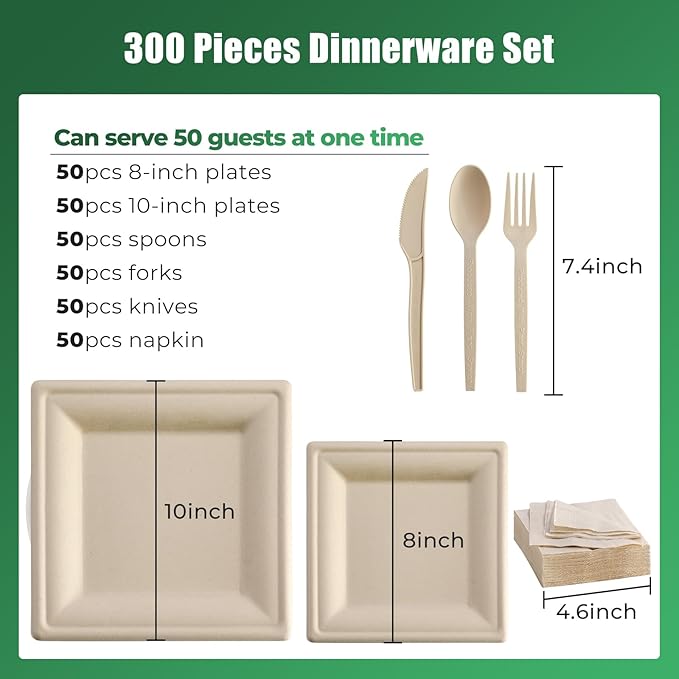 300Pcs Disposable Paper Plates Set, Compostable Plate Sugarcane Utensils Eco Friendly Dinnerware Kit Includes 50 Biodegradable Plates, Forks, Knives Napkins and Spoons for Brithday Party Camping