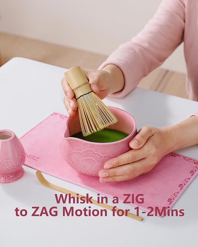 ZENS Pink Matcha Set, Matcha Whisk Set Includes 15oz Ceramic Bowl & (Chasen Holder), Bamboo Whisk & Scoop, Sifter and Pink Tea Towel, 6pcs Matcha Kit for Matcha Lovers