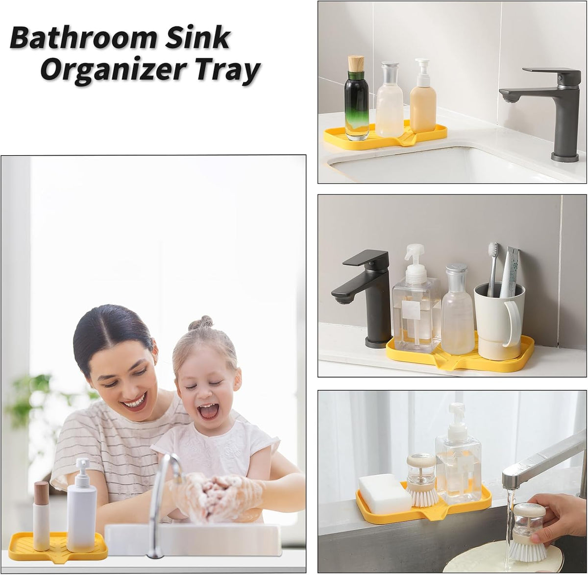 Silicone Bathroom Soap Dishes with Drain Spout-Bathroom and Kitchen Sink Organizer,Sponge Holder,Dish Soap Tray,Perfect for Dispenser,Scrubber,Bottle,Cup on Sink or Counter-Yellow 9.6"×5.3"
