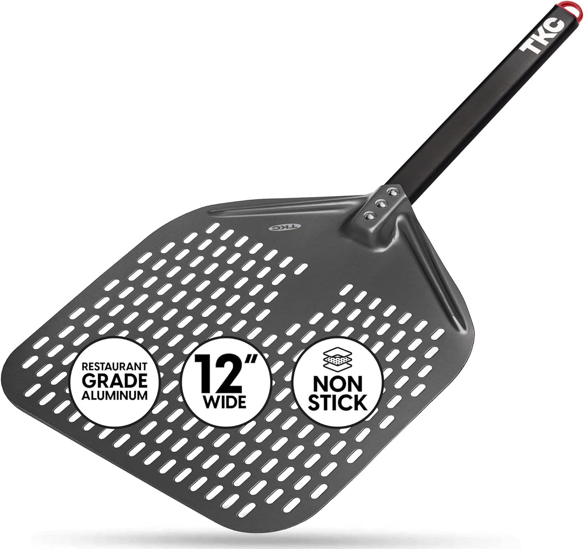 TKC 12", 8" Perforated Pizza Peels - Professional Aluminum Pizza Turning peel - Long Handle Metal Pizza Spatula for Indoor and Outdoor - Lightweight Non-Stick Pizza Turner - Pizza Oven Accessories