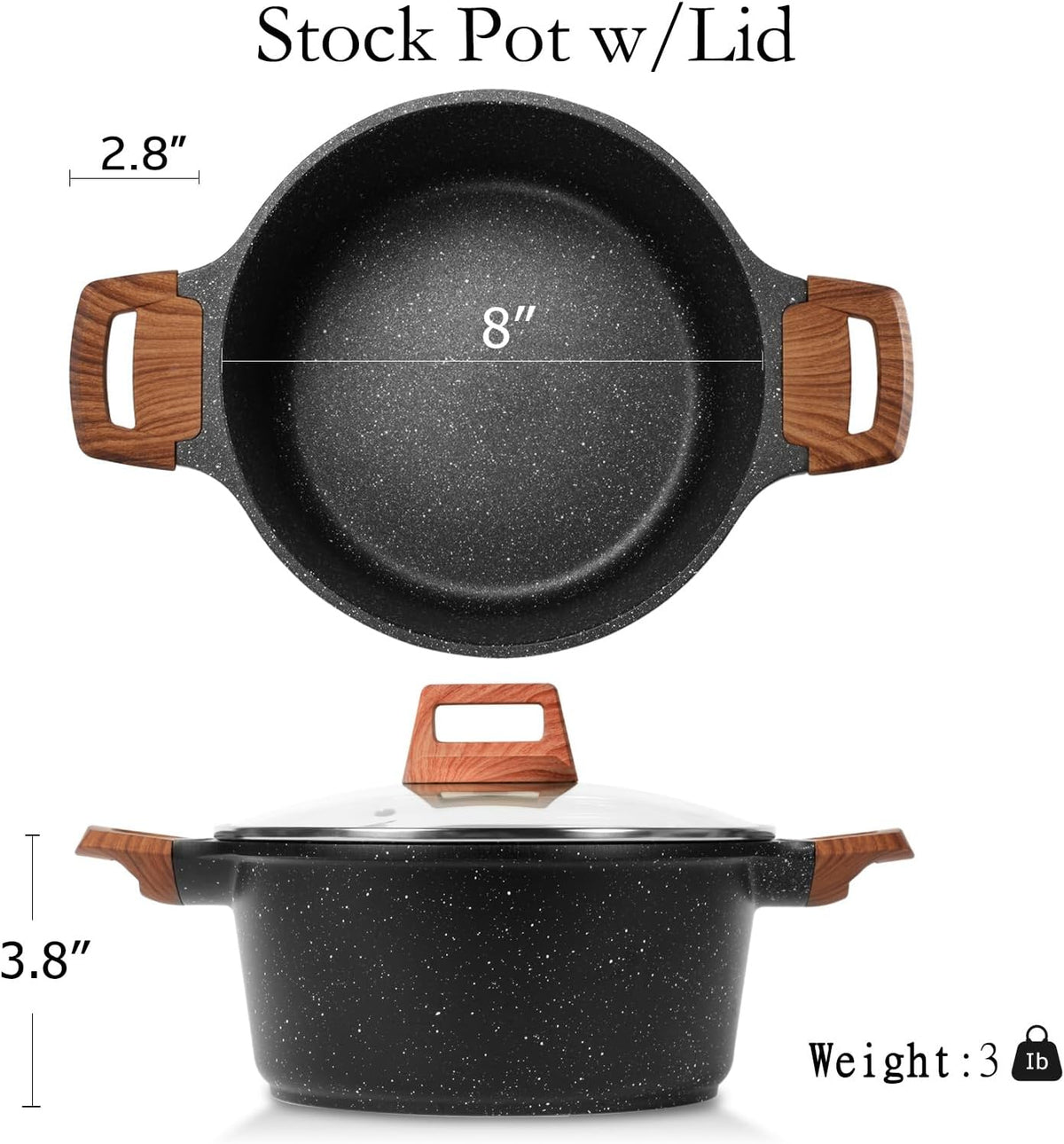 ESLITE LIFE Nonstick Stock Pot with Lid, 3 Quart Granite Casserole Small Soup Pot Pasta Cooking Pot, Induction Compatible, PTFE & PFOA Free, Black