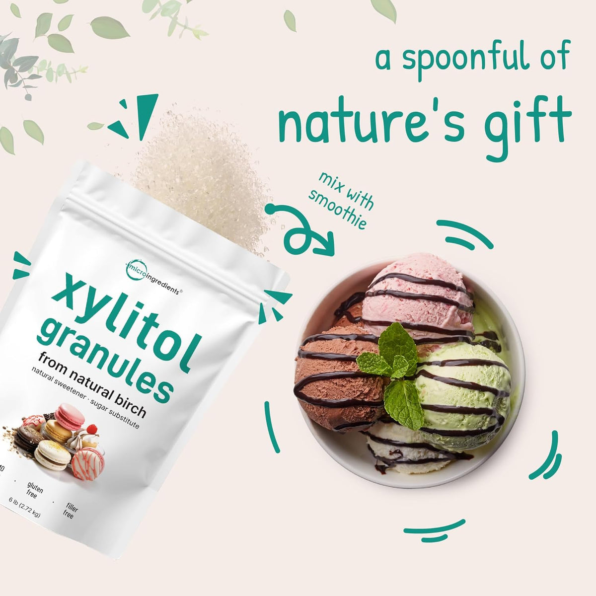 Xylitol Sweetener, 6 Pounds, Natural Sweetener, 1:1 Sugar Substitute and Low Calorie, Great for Baking and Cooking, No After Taste, Keto Friendly