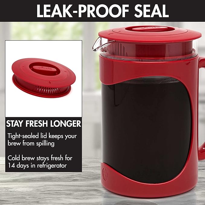 Primula Burke Deluxe Cold Brew Iced Coffee Maker, Comfort Grip Handle, Durable Glass Carafe, Removable Mesh Filter, Perfect 6 Cup Size, Dishwasher Safe, 1.6 qt, Red