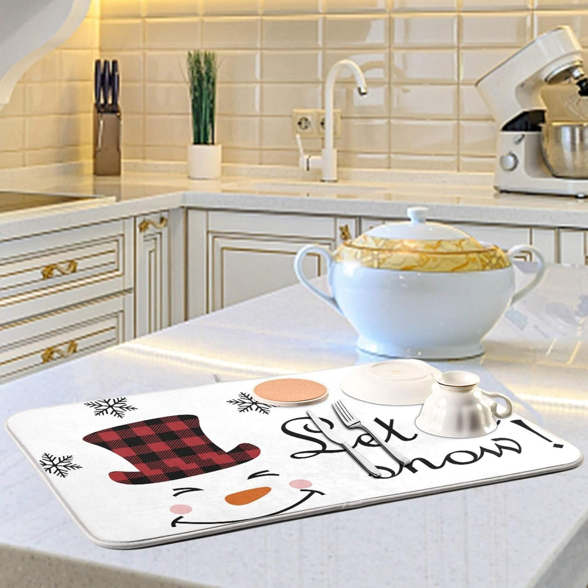 Super Absorbent Dish Drying Mat, Microfiber Fast-Drying Dish Mat, 24" x 18", Kitchen Dish Drying Pad, Watercolor Cute Christmas Winter Snowman