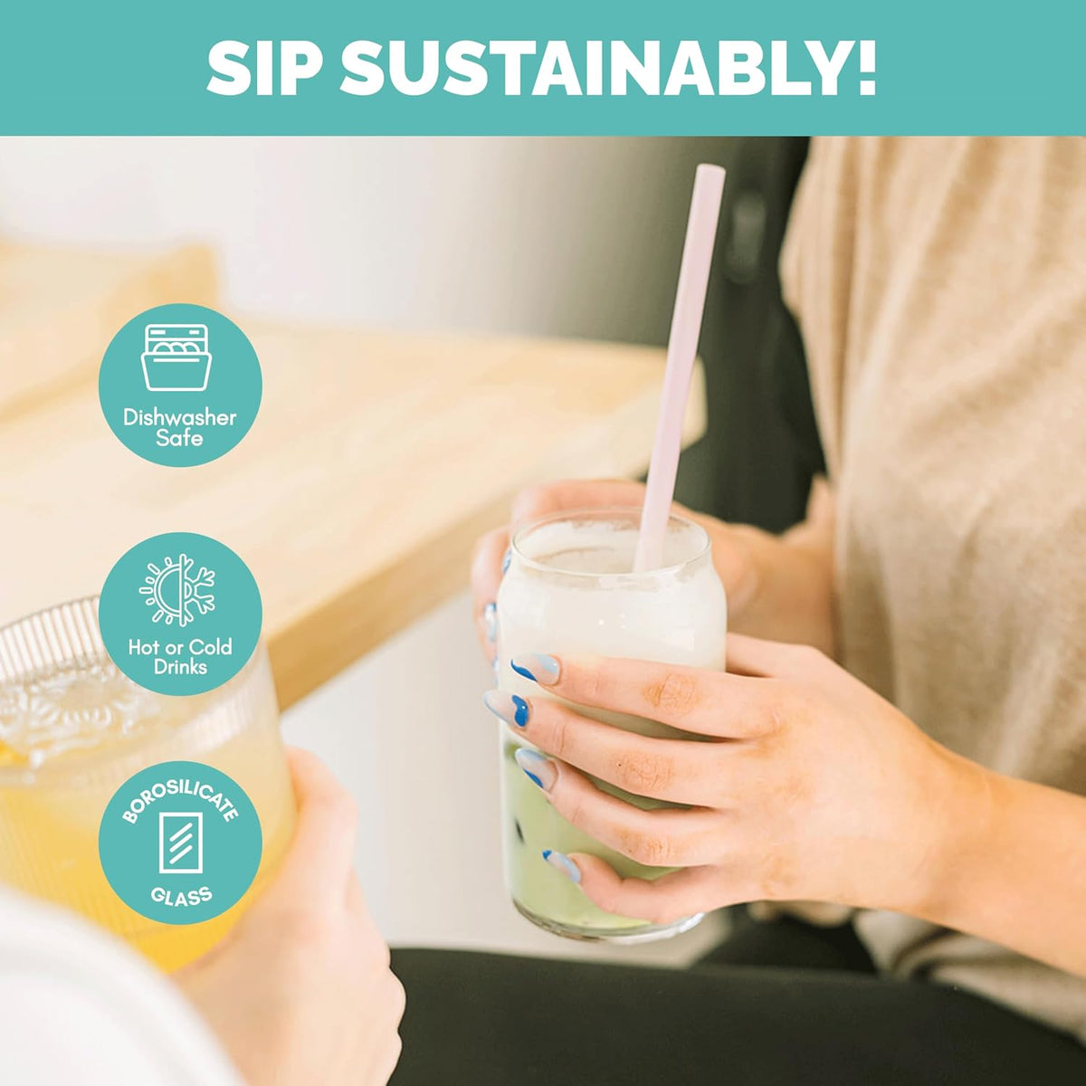 Simply Straws 8 Inch Glass Straws Bent (6-Pack) – Reusable Glass Straws for Pints & Juice Drinkware, with Cleaning Brush – Dishwasher Safe, Hot & Cold Use, BPA-Free (Fjord Mist)