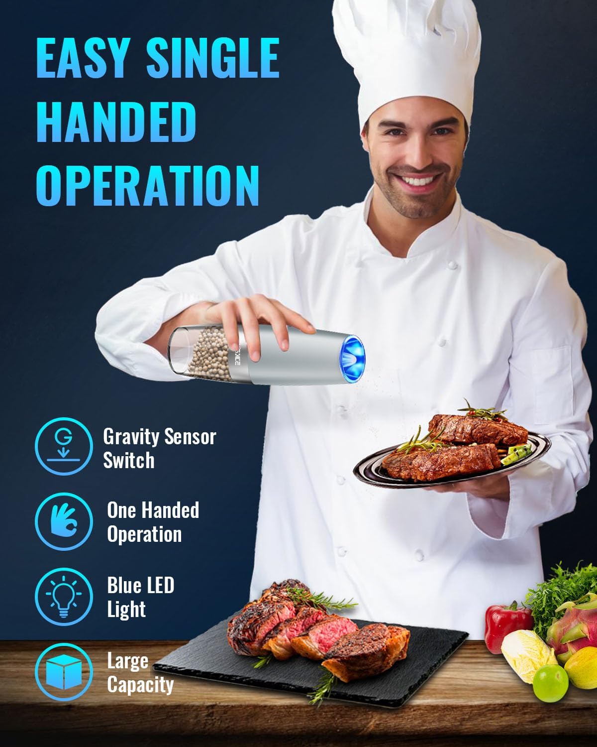 XinXu Gravity Automatic Electric Pepper and Salt Grinder, Auto Salt or Pepper Mill Shaker Stainless Steel,Blue LED Light,One Hand Operated, LightGrey