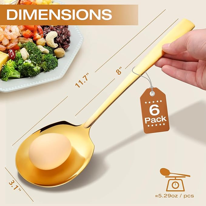 Extra Large Serving Spoons Set 11.7-Inch Gold Serving Slotted Spoon x 3 Serving Spoon x 3, 18/8 Stainless Steel Big Serving Utensil for Buffet, Parties, Catering - Dishwasher Safe(6-Pack, Gold)