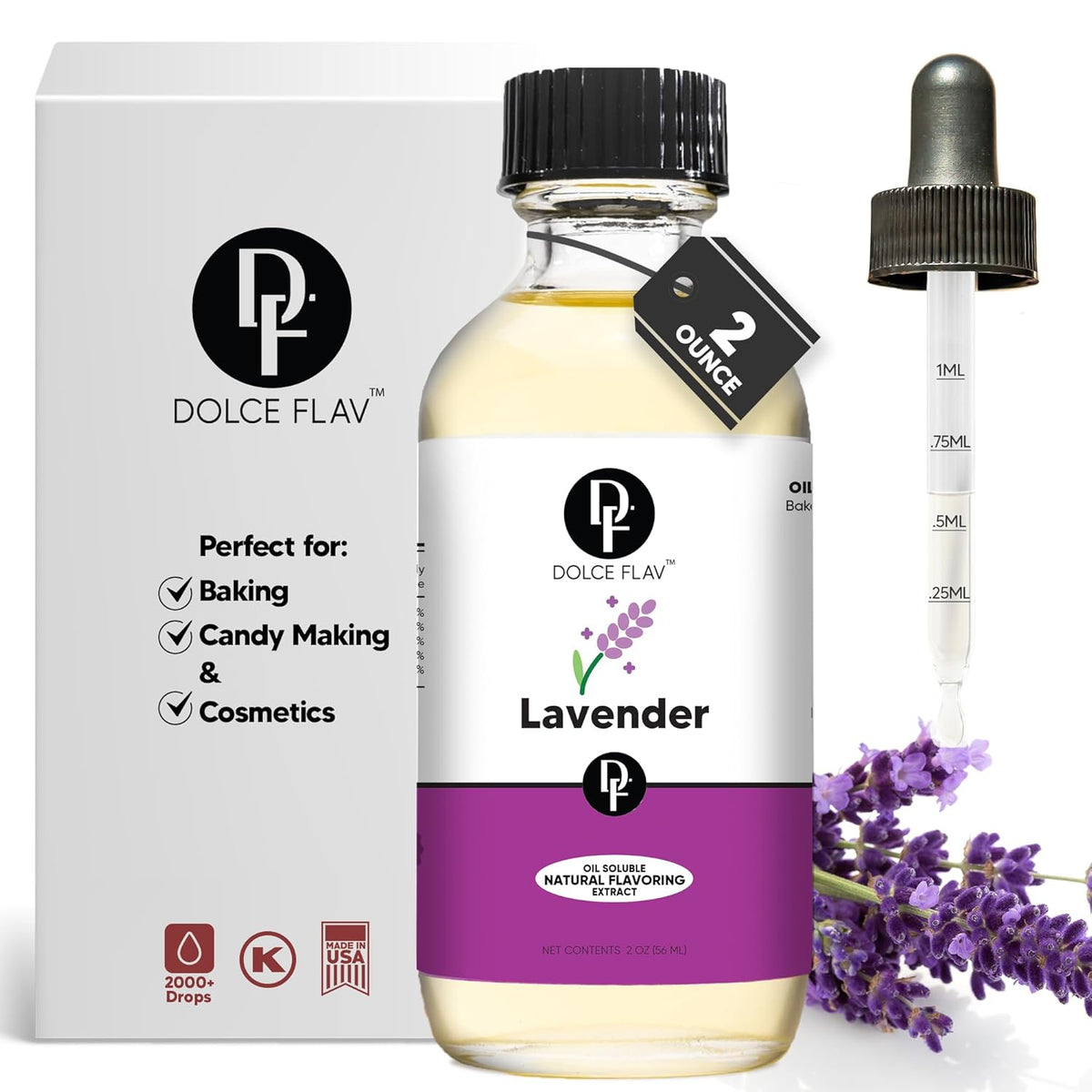 Dolce Flav Natural Lavender Extract – 2 Ounce Oil-Soluble Kosher, Sugar-Free, Concentrated Floral Lavender Flavoring for Baking, Chocolates & Desserts, Includes Measured Dropper