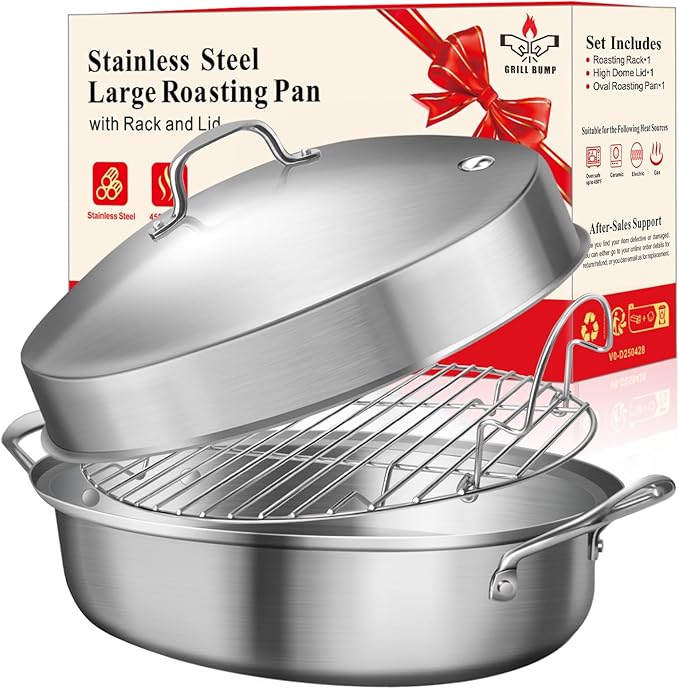 GRILL BUMP Roasting Pan, 21x13x11 Inch, Silver, Rectangular, Stainless Steel, 25LB Capacity, Turkey & Chicken Roaster with Rack and Lid