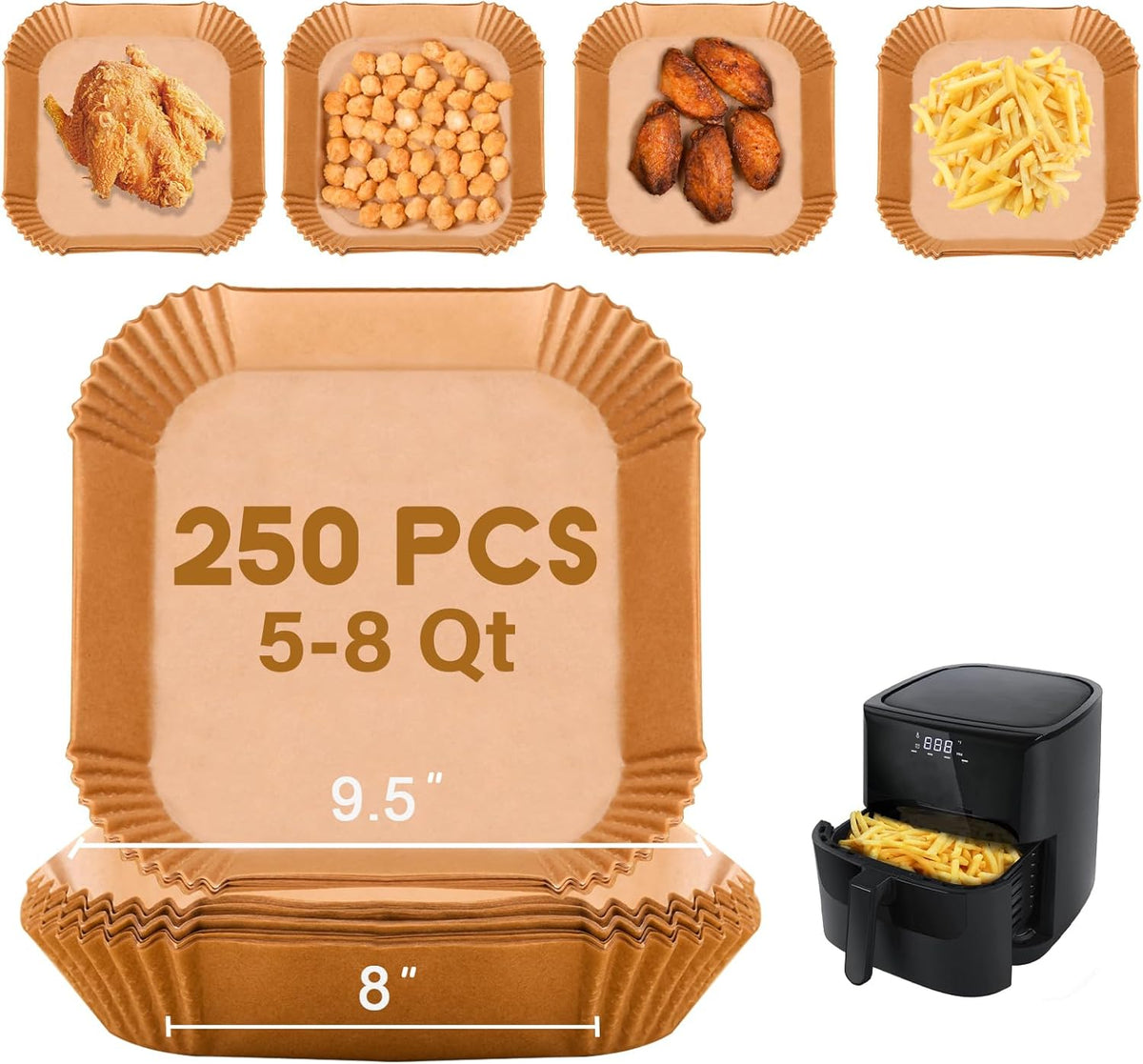 Disposable Paper Liner Square 250 Pcs for 5 to 8 Qt Air Fryer Baskets, Non-stick Oil-proof Parchment Liner Cooking Paper