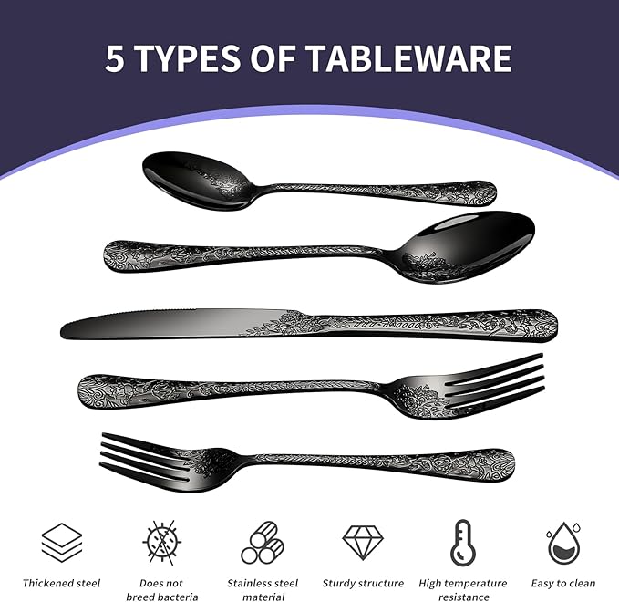 Floral 40 Pcs Black Silverware Set for 8, Food Grade Stainless Steel Flatware Set with Rose Flower Embossed Design, Eating Utensils Sets Include Fork/Knife/Spoon, Reusable Cutlery Set, Dishwasher Safe