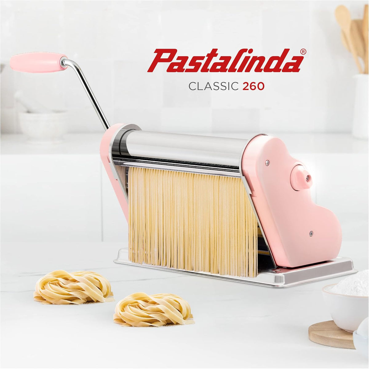 PASTALINDA Classic 260 Pasta Maker Machine, 26 cm Wide Rollers, 9 Thickness Positions, 2 Cutting Positions, Stainless Steel. Includes Reinforced Hand Crank And Two Clamps (Pink)