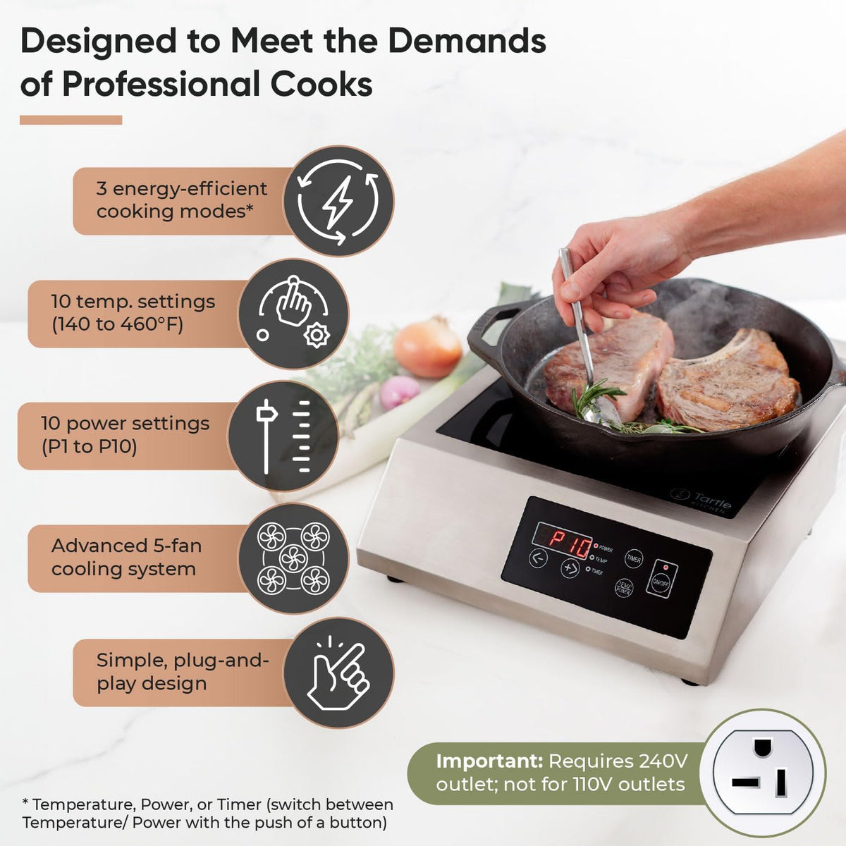Commercial Induction Cooktop Burner - Professional 3400W 240V Induction Cooker Countertop Burners with Wider 9" Coil & 5 Cooling Fans - Portable Stainless Steel Electric Magnetic Range Stove Top
