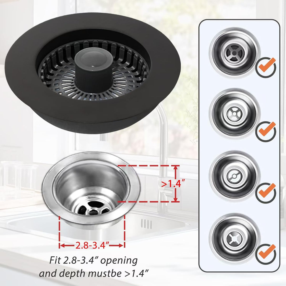 Kitchen Sink Drain Strainer, 3 in 1 Pop Up Kitchen Sink Stopper, with An Extra Basket Strainer, Universal for US Standard 3-1/2 Inch, Black