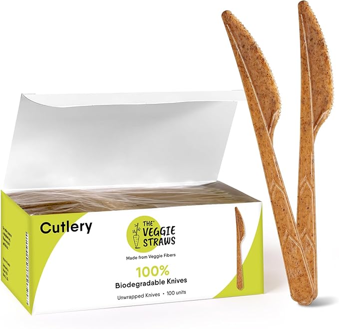 Premium Quality100% Biodegradable Knives Made of Vegetable Fibers, 100 PCS of 6.7” Long Heavy-Duty and Splinter Free Eco-Friendly Knives, Perfect Sustainable Cutlery for All Types of Occasions