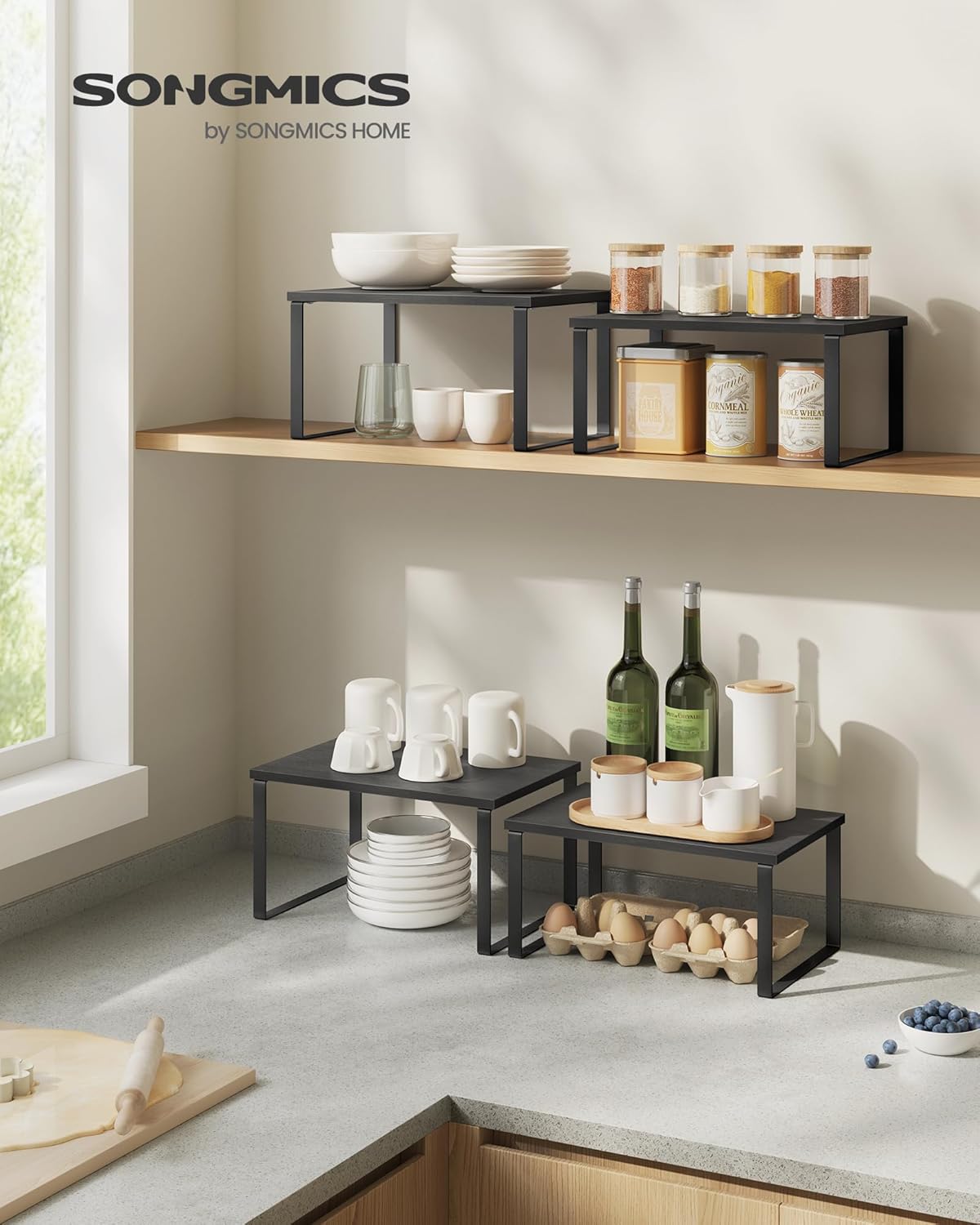 SONGMICS Cabinet Organizer Shelf, Set of 2 Kitchen Counter Shelves, Kitchen Storage, Spice Rack, Stackable, Expandable, Metal and Engineered Wood, Ink Black and Charcoal Black UKCS02B01