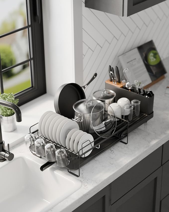 Kitsure Large Dish Drying Rack - Extendable Dish Rack, Multifunctional Dish Rack for Kitchen Counter, Anti-Rust Dish Drainers with Cutlery & Cup Holders 19.2"-26.7" L x 12.9" W, Black