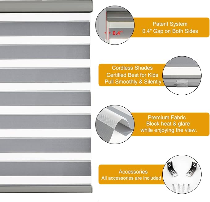 Persilux Cordless Zebra Blinds for Windows Free-Stop Roller Windows Shades (34" W X 72" H, Grey) Dual Layer Light Control for Day and Night, Light Filtering Sheer Shades for Home, Easy to Install