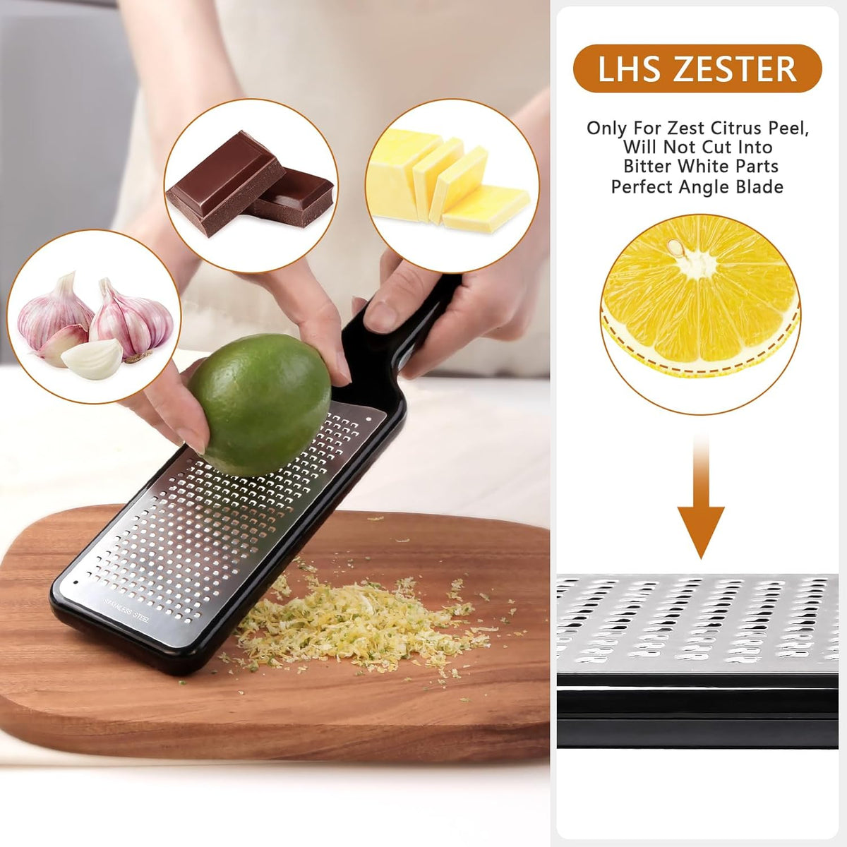 LHS Citrus Lemon Zester Cheese Grater - Stainless Steel Kitchen Tool for Parmesan Cheese, Ginger, Garlic, Nutmeg, Chocolate, Fruits, Dishwasher Safe