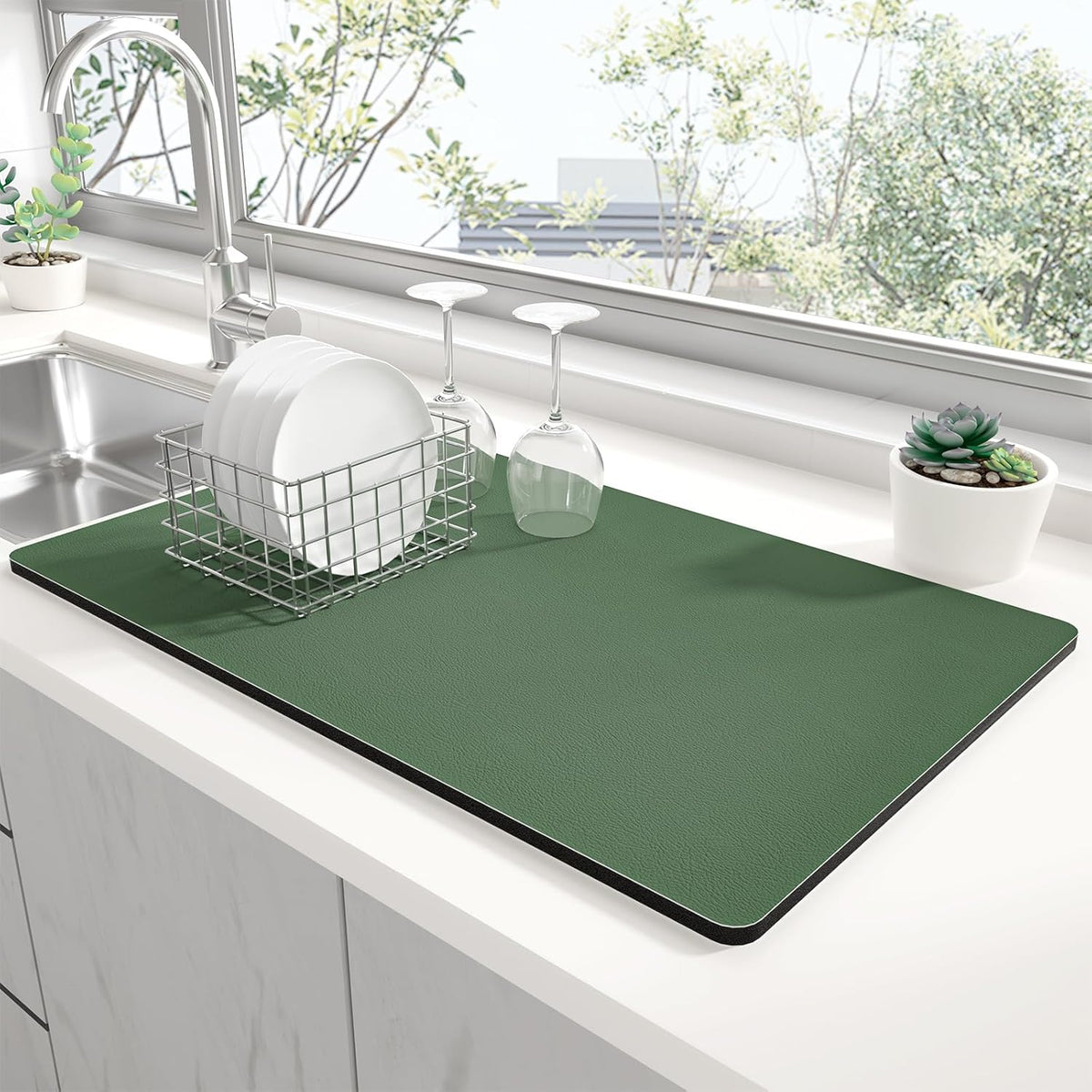 Rnivvi Dish Drying Mat for Kitchen Counter, XL 15 x 24" Super Absorbent Drainer Pad Easy Clean Dish Rack Pad, Non-Slip Heat Resistant Coffee Bar Mat for Coffee Machine Station Accessories,Forest Green