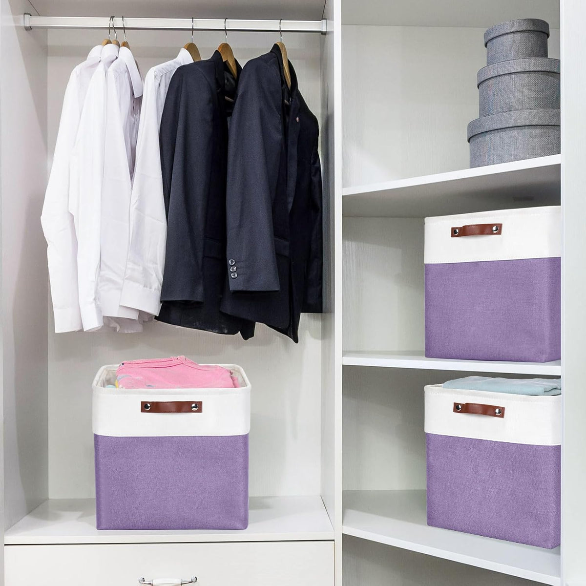 13x13 Cube Storage Bins, Collapsible Fabric Storage Box, 4 Pack Closet Baskets with Handles for Organizing, Shelf, Toys, Clothes, Home, Office, Nursery (Purple&White)