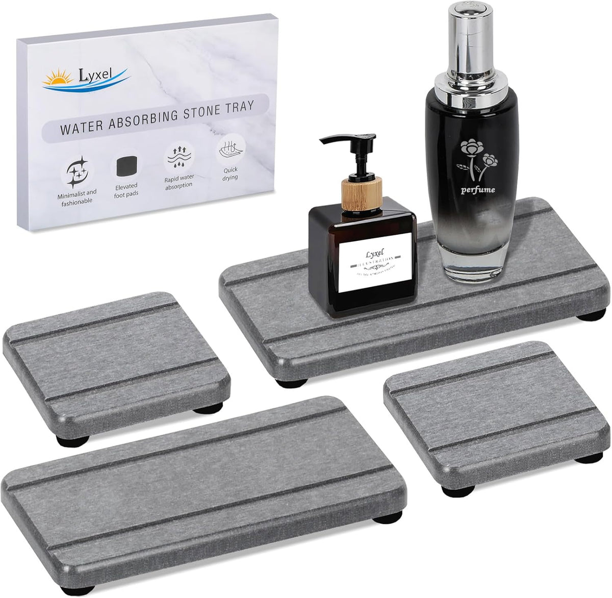 4PCS Stone Drying Trays for Bathroom Sink and Kitchen Counter - Water Absorbing Stone Tray with Diatomaceous Earth, Soap Dish and Coaster