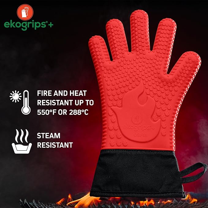 Ekogrips+ Premium Silicone Oven Mitts - Comfy, Waterproof, Heat Resistant BBQ Gloves for Grilling, Long Cuff for Added Protection, 5 Finger Dexterity, 3 Sizes, 4 Colors, S/M, Red