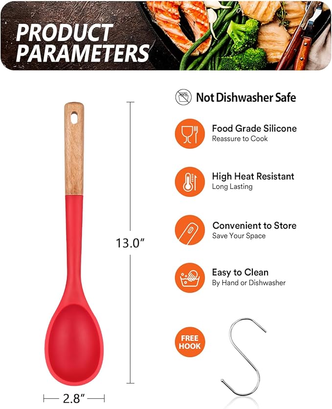 Large Silicone Cooking Spoons, Nonstick Solid Wooden Handle Spoon, Heat Resistan Silicone Kitchen Spoons for Cooking, Serving, Basting, Mixing, 13.2inch (RED)