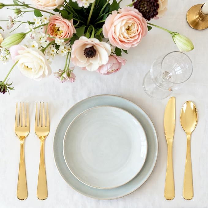 150 PCS Gold Plastic Silverware - Gold Plastic Flatware Disposable - Heavy Duty Disposable Utensils Sets Includes 50 Forks, 50 Spoons, 50 Knives for Thanksgiving Party Wedding