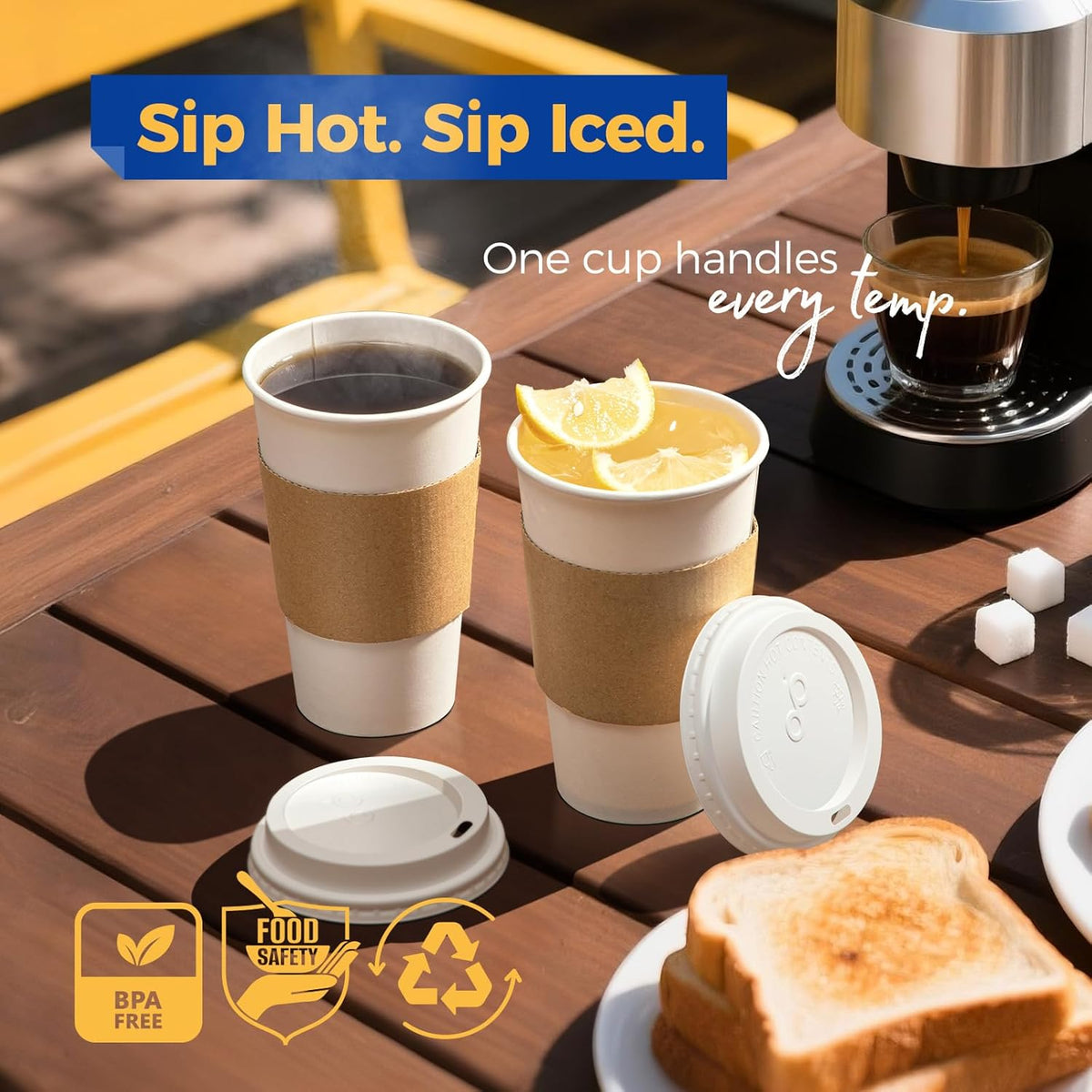 Fit Meal Prep 100 Pack 16 oz Disposable Coffee Cups with Lids, Sleeves, Leak-Proof To Go Coffee Cups with Lids, Durable Hot Paper Cups for Home, Office, Party, Business