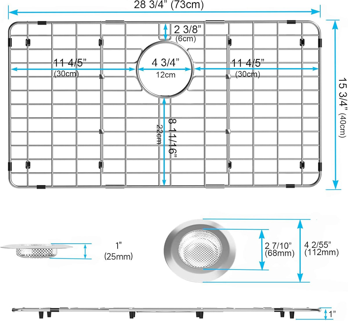 iPEGTOP Sink Rack for Bottom of Sink, Stainless Steel Sink Protector 28-3/4" x 15-3/4" with Rear Drain Hole, Sink Grid Grate with Hole Cover for Kitchen Sink Single Bowl