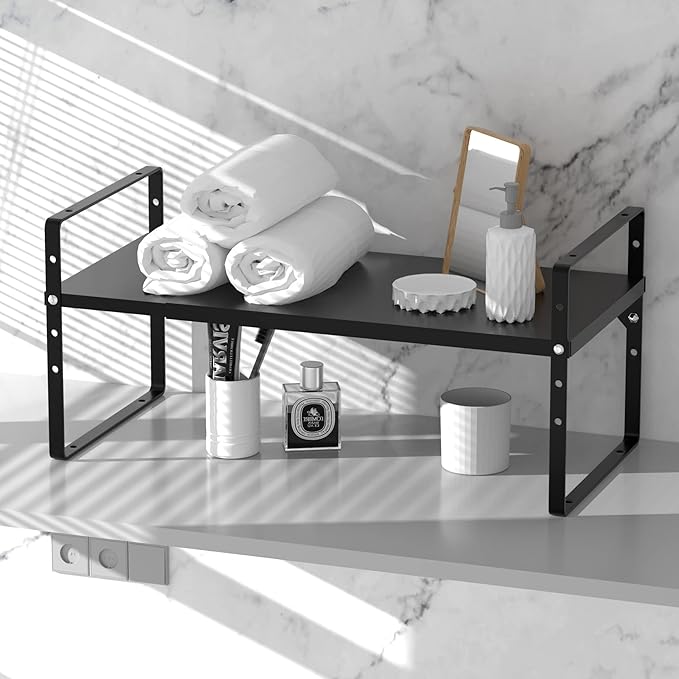 iPEGTOP 2 Pack Expandable Cabinet Storage Shelf Organizer Rack, Heavy Duty Steel Metal Spice Rack Adjustable Height Office Garage Pantry Shelf Space Riser for Counter Kitchen Organization, Black