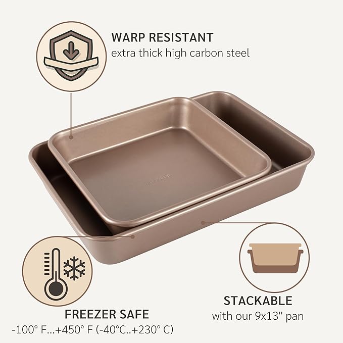 HAPPIELS Nonstick 9x9 Baking Pan | PFOA & BPA Free Non Toxic 9 x 9 Inch Cake & Brownie Pan | Best Nontoxic Square 9x9 inches Pans for Baking | Non Stick Carbon Steel Gold Baking Ware