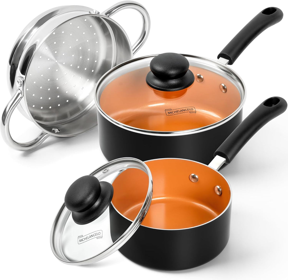 MICHELANGELO Nonstick Sauce Pan with Lid, 1QT & 2QT Ceramic Saucepan Set with Steamer, Small Copper Saucepans Set, Multipurpose Sauce Pots for Cooking, PFAS-FREE, Dishwasher Safe